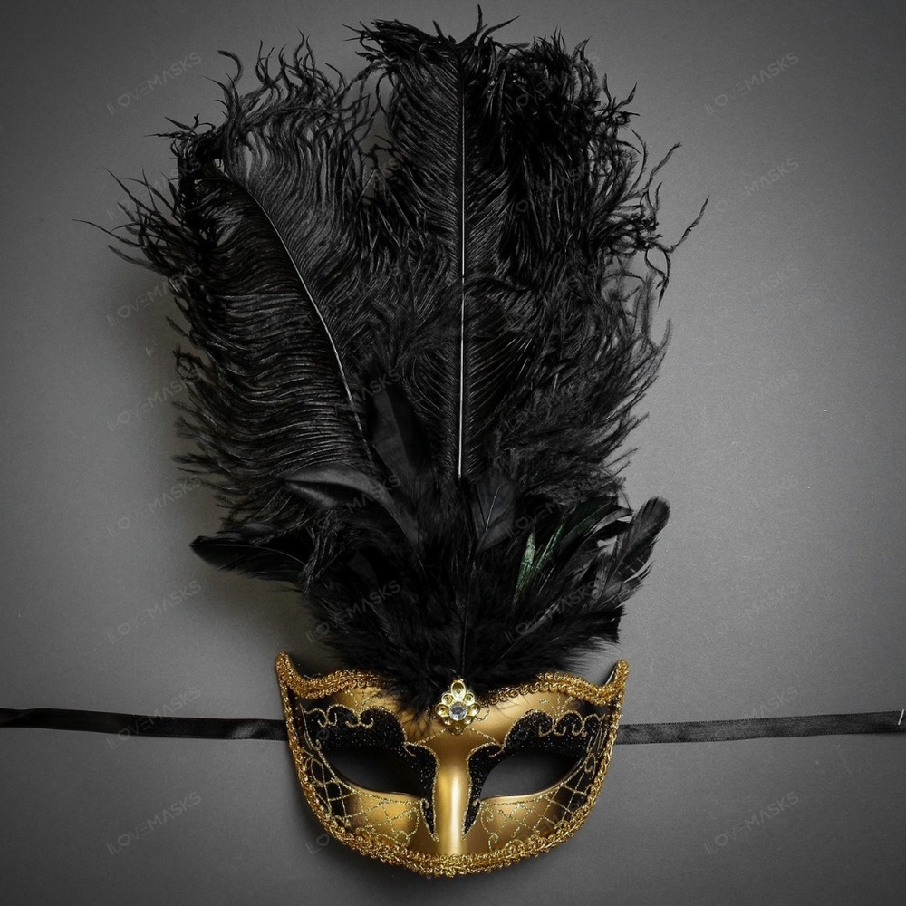 Venetian Women Tall Feather Masquerade Gold Black